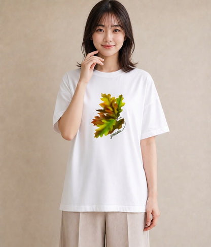 グラフィックTシャツ レディース 落ち葉 植物 ボタニカル イラスト ミセス 春コーデ 白T YMAZO
