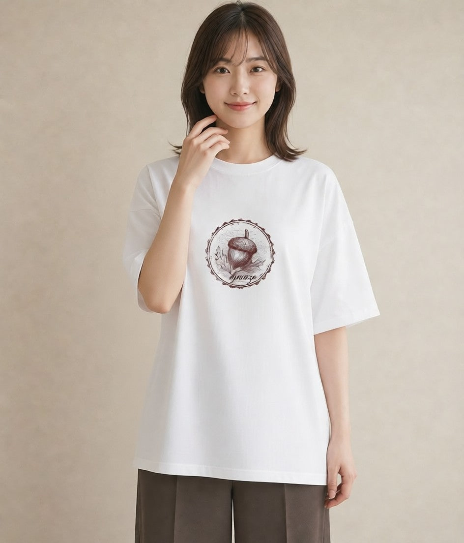 デザインTシャツ レディース どんぐり 植物 ボタニカル イラスト ラフ お揃い 親子 白T YMAZO