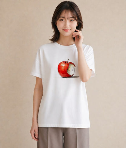 プリントTシャツ レディース りんご 林檎 アップル 食べ物 フード イラスト シンプル 週末コーデ 敬老の日 白T YMAZO