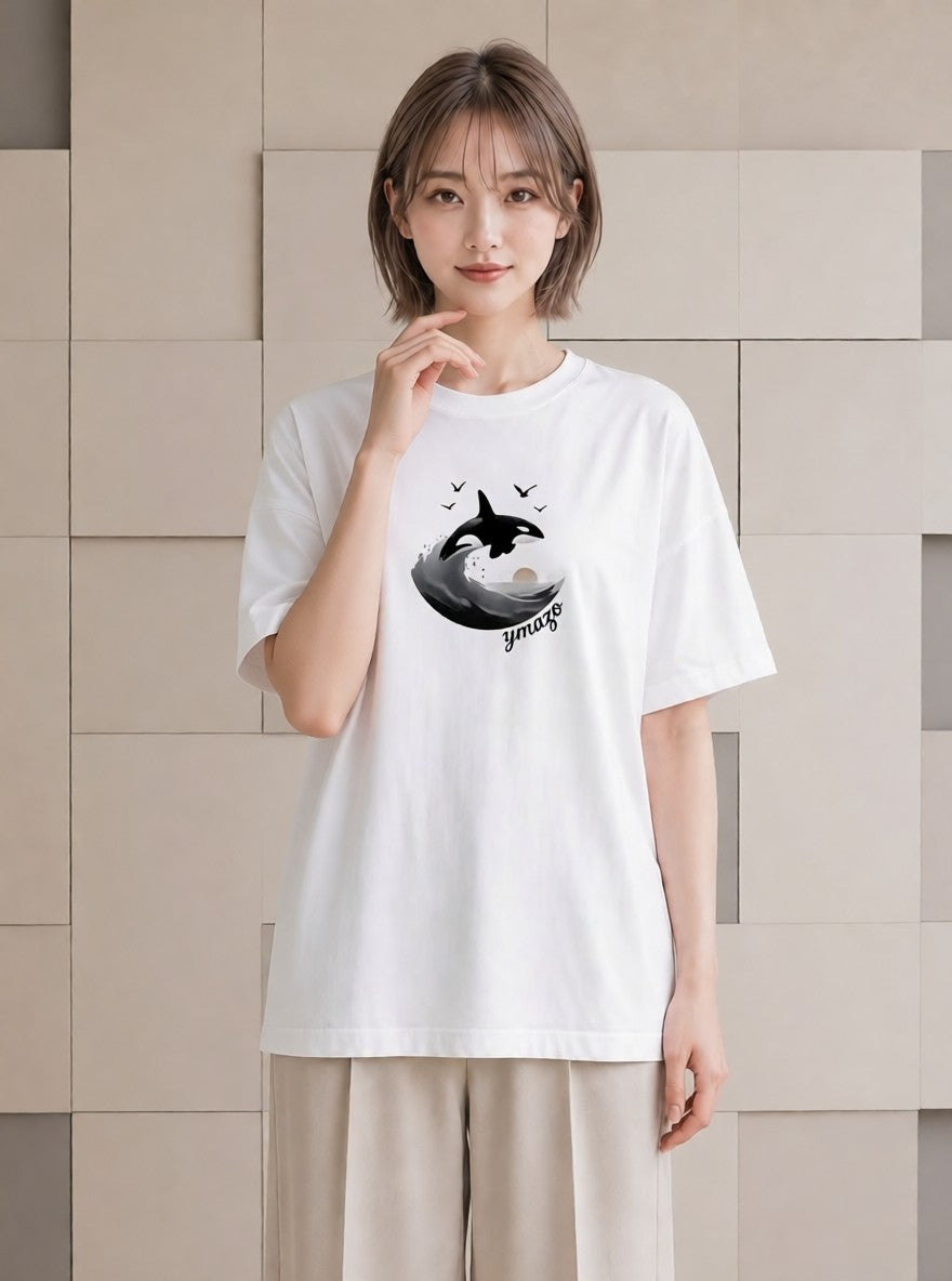 半袖Tシャツ レディース シャチ 海の生き物 海 イラスト 個性的 夏コーデ 通学 白T YMAZO