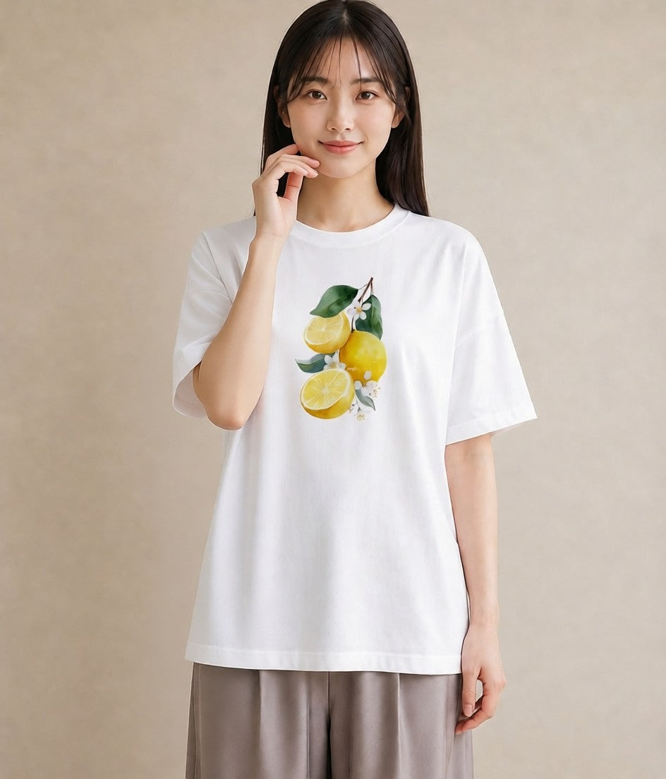 半袖Tシャツ レディース レモン 檸檬 食べ物 フード イラスト カフェコーデ 海 カフェ巡り 白T YMAZO
