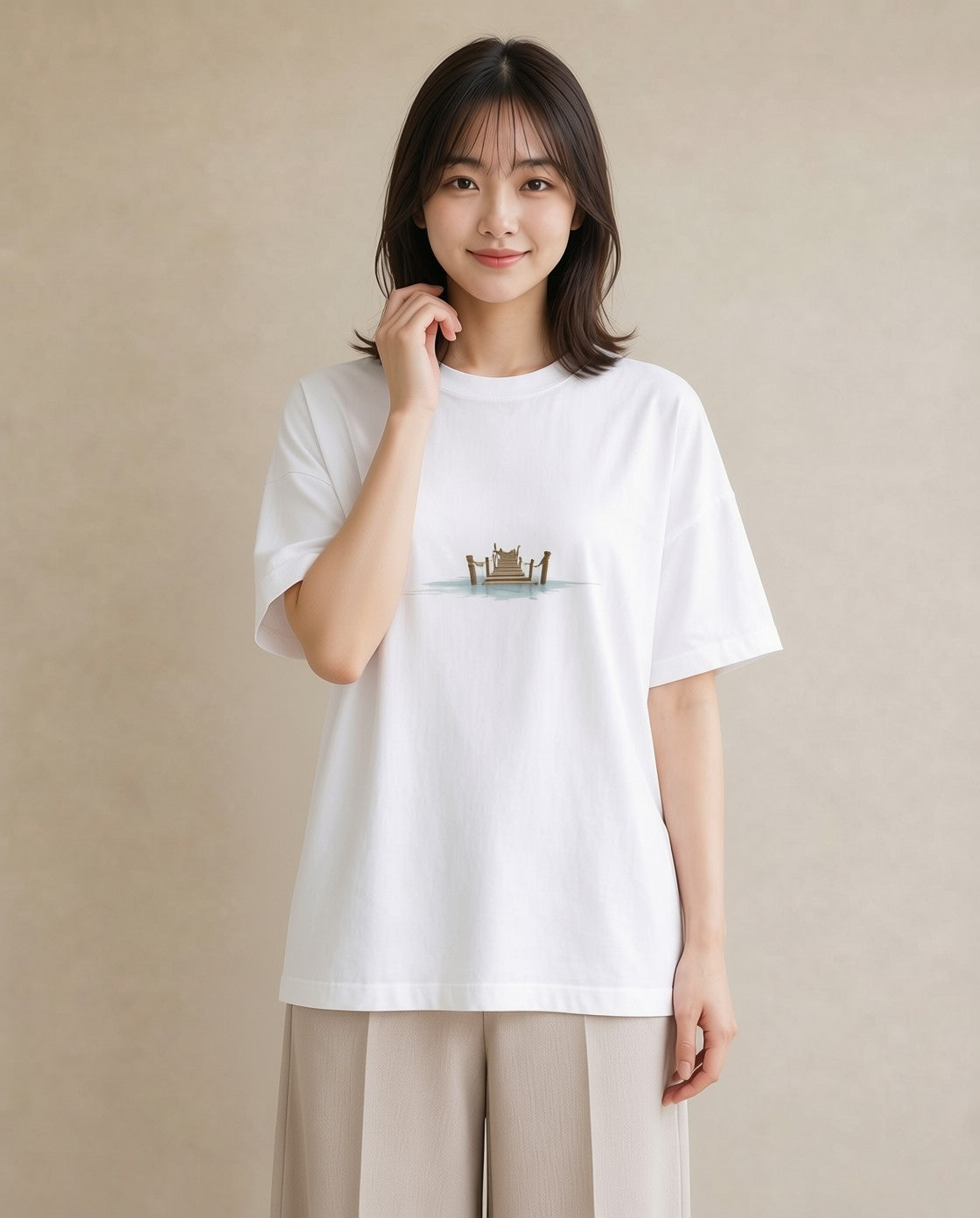 グラフィックTシャツ レディース 桟橋 水辺 波止場 ナチュラル アンティーク イラスト 韓国風 お出かけ 普段着 白T YMAZO