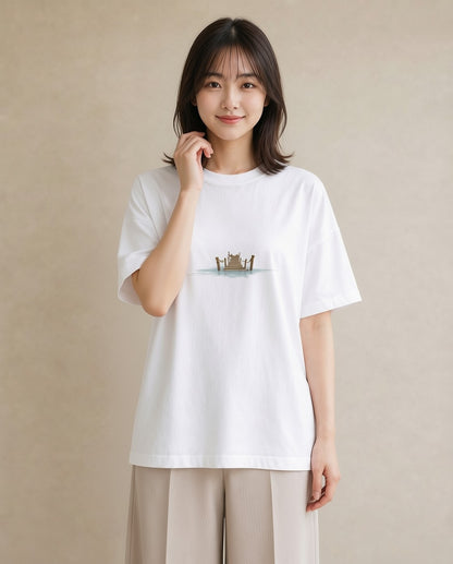 グラフィックTシャツ レディース 桟橋 水辺 波止場 ナチュラル アンティーク イラスト 韓国風 お出かけ 普段着 白T YMAZO