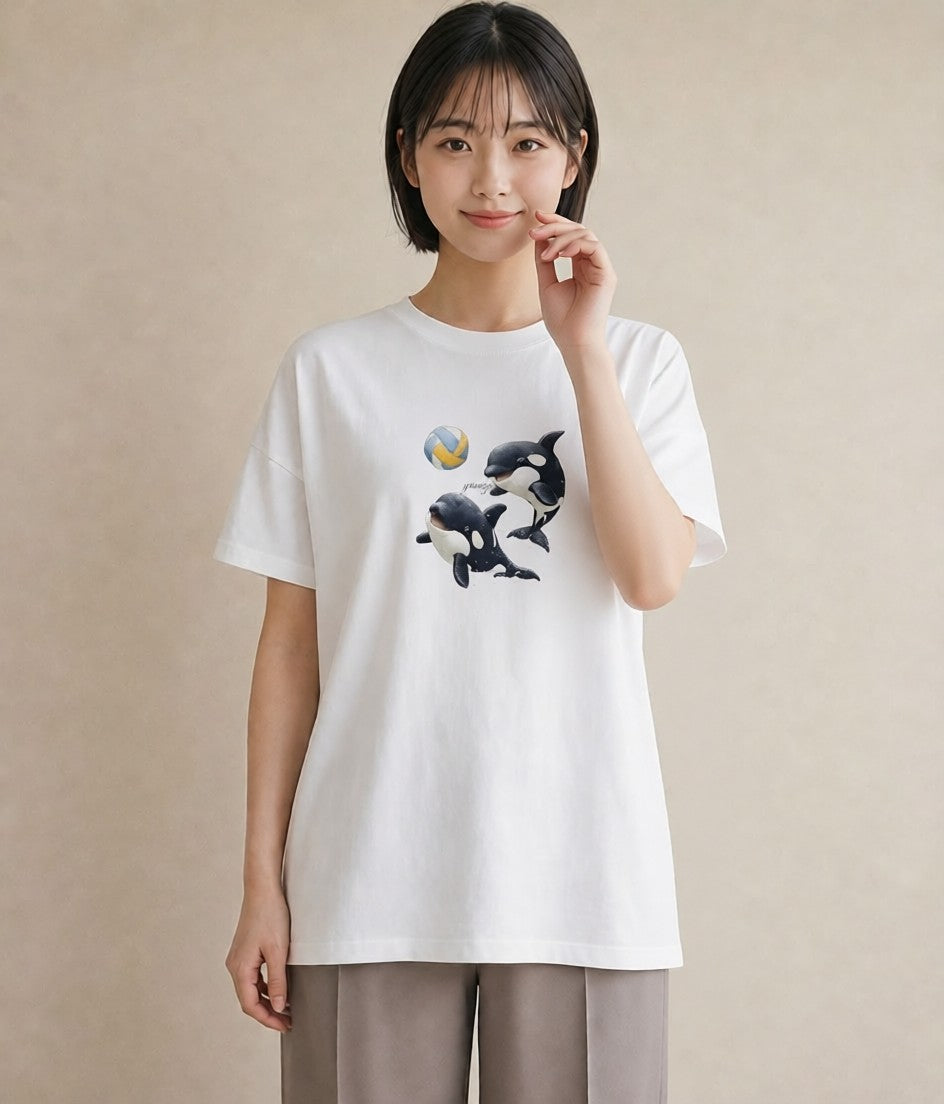 Tシャツ レディース シャチ 海の生き物 海 イラスト ラフ 在宅 公園 白T YMAZO