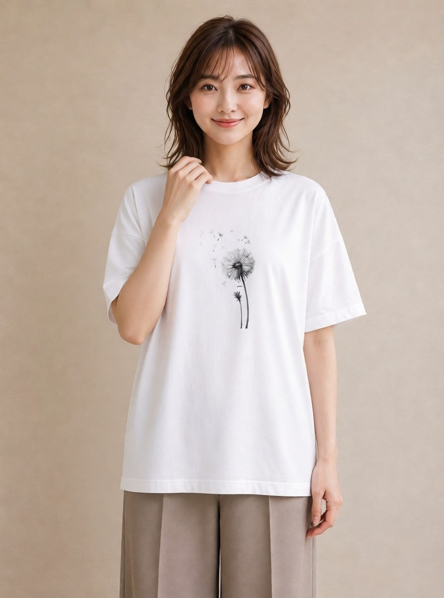 半袖Tシャツ レディース たんぽぽ 花 花柄 イラスト ラフカジュアル 週末コーデ 敬老の日 白T YMAZO
