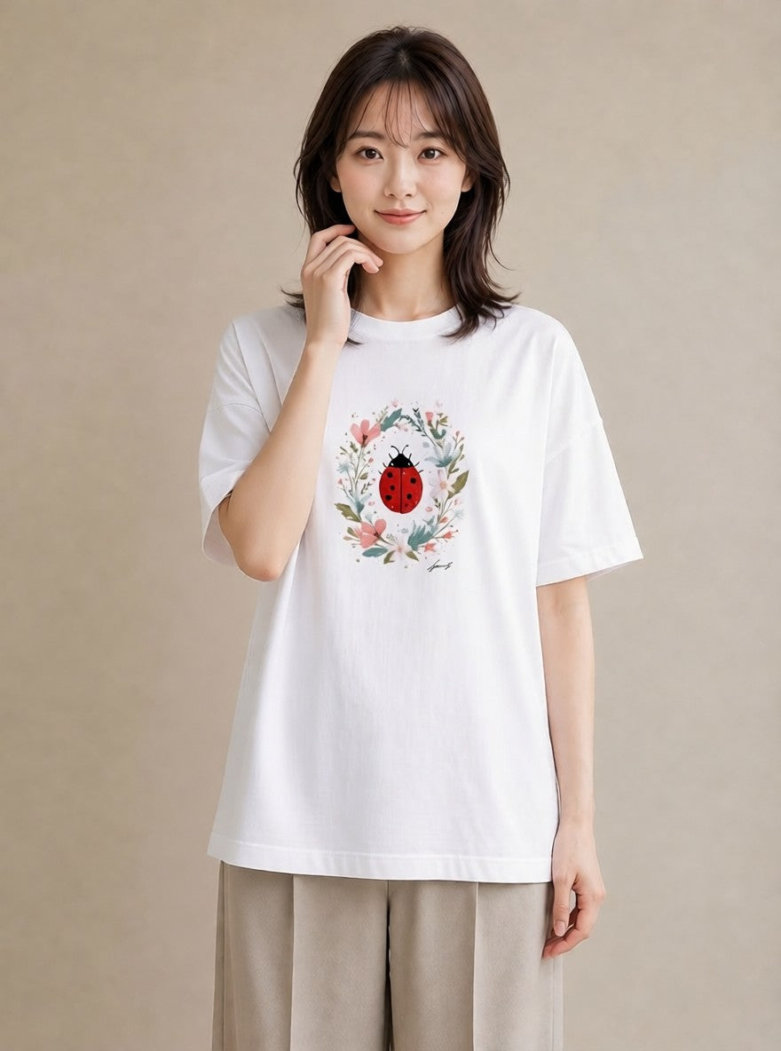 デザインTシャツ レディース てんとう虫 昆虫 虫 イラスト アート風 買い物 夏コーデ 白T YMAZO