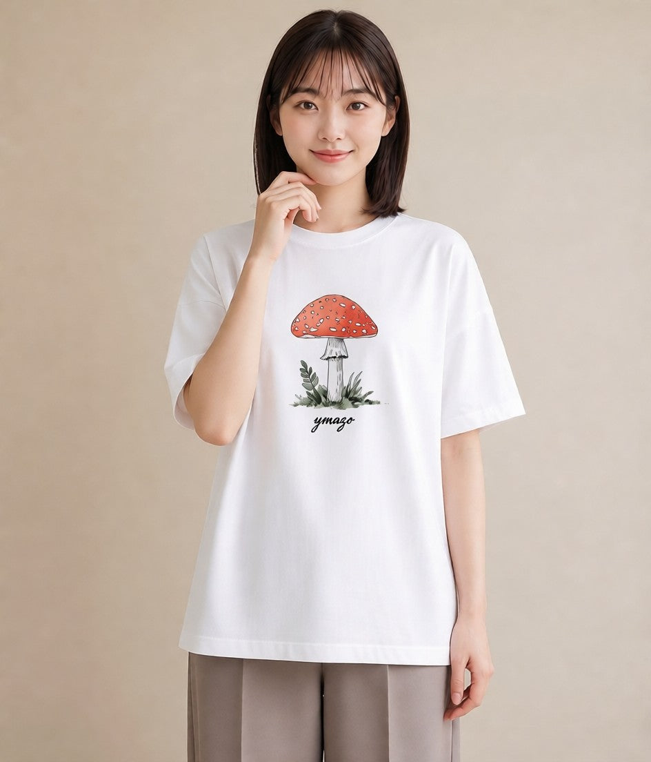 Tシャツ レディース きのこ 植物 ボタニカル イラスト カフェ巡り 女子会 白T YMAZO
