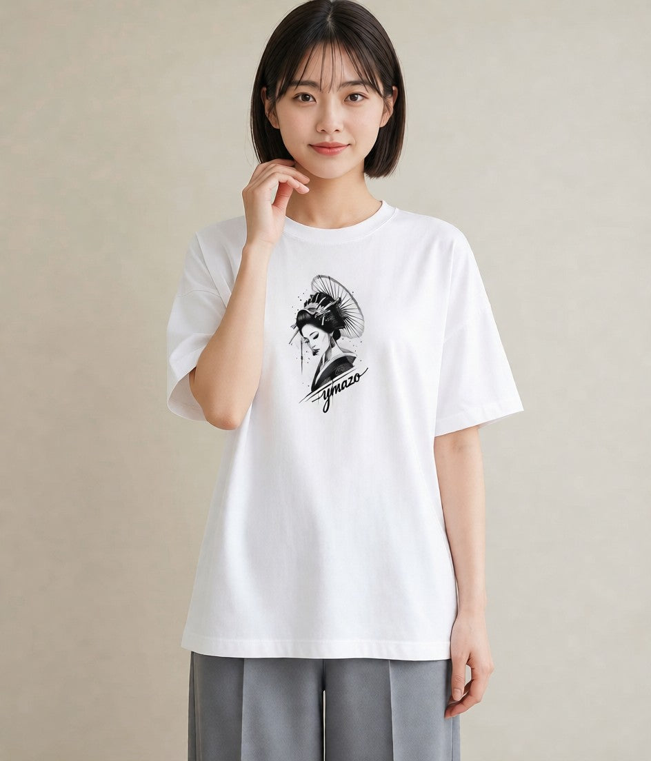 プリントTシャツ レディース 扇子 そよ風 ナチュラル アンティーク イラスト こなれ感 在宅 公園 白T YMAZO