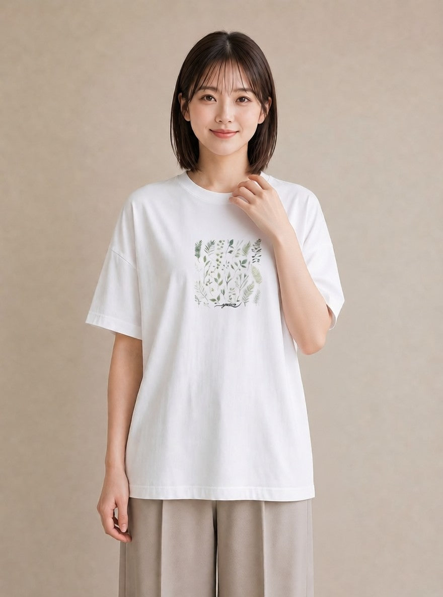 グラフィックTシャツ レディース ボタニカル 植物 イラスト カフェコーデ カジュアルコーデ 買い物 白T YMAZO