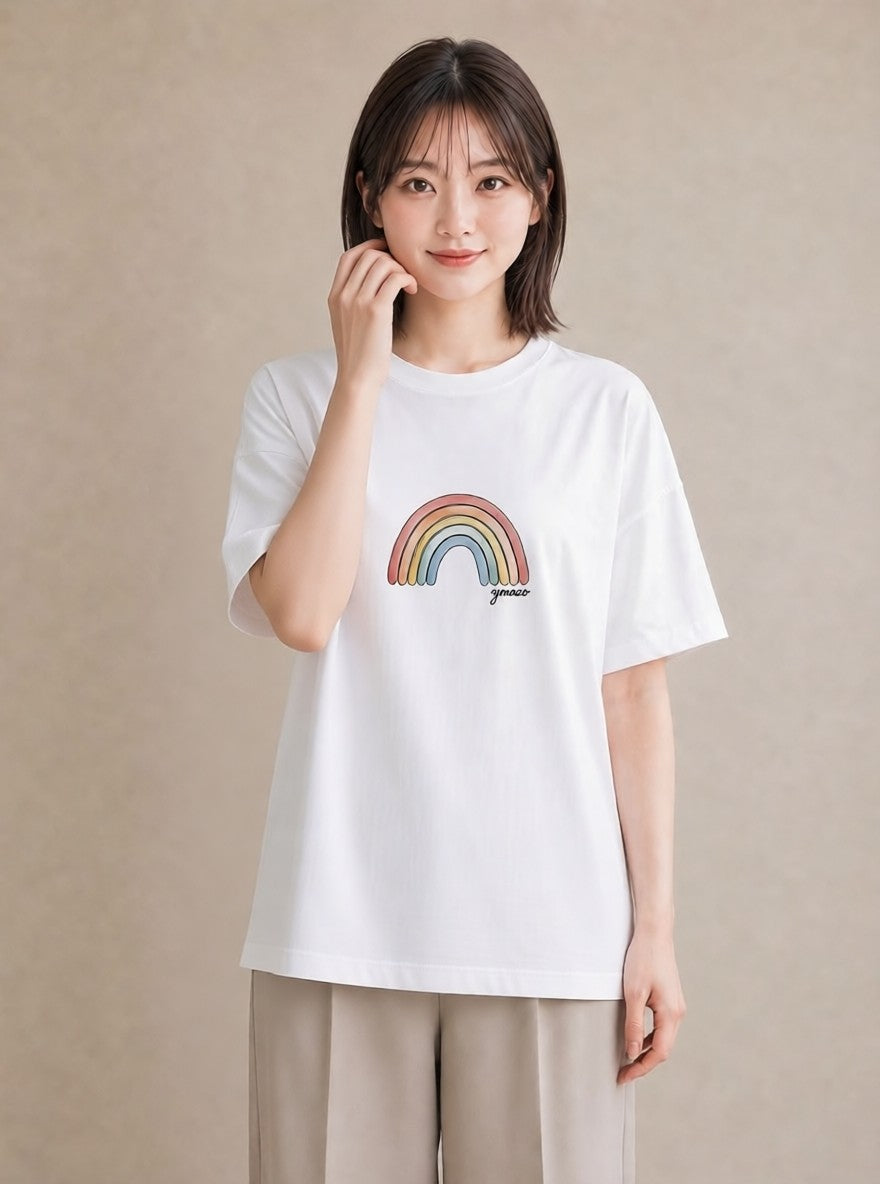 半袖Tシャツ レディース 虹 星空 宇宙 イラスト 手描き風 友達ギフト 部屋着 白T YMAZO
