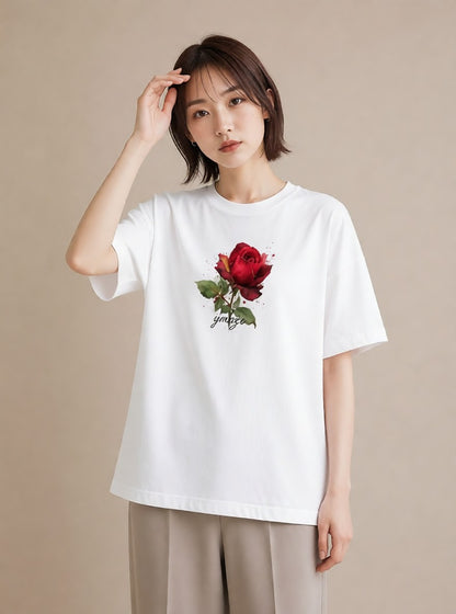半袖Tシャツ レディース バラ 薔薇 ローズ 花 花柄 イラスト 可愛い レイヤード 友達ギフト 白T