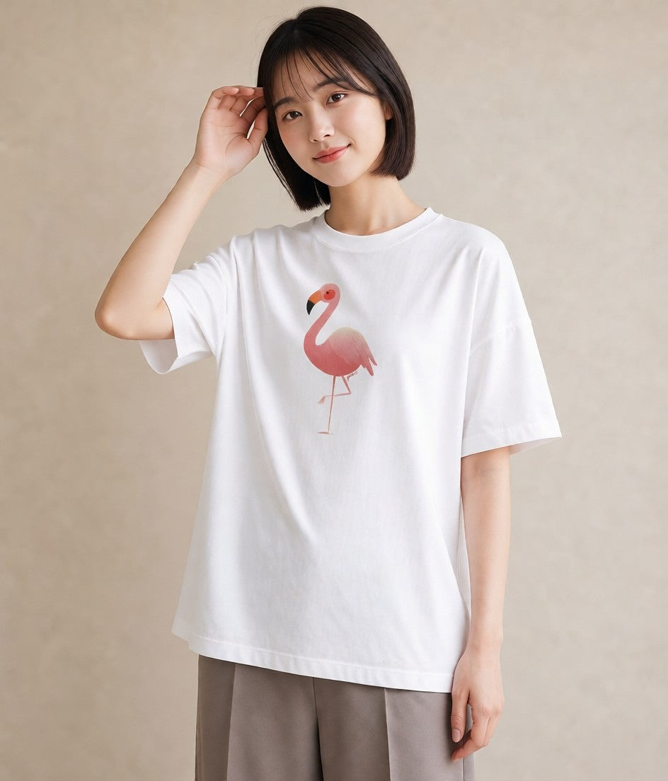 グラフィックTシャツ レディース フラミンゴ 動物 アニマル イラスト ヴィンテージ風 ホワイトデー 春服 白T YMAZO