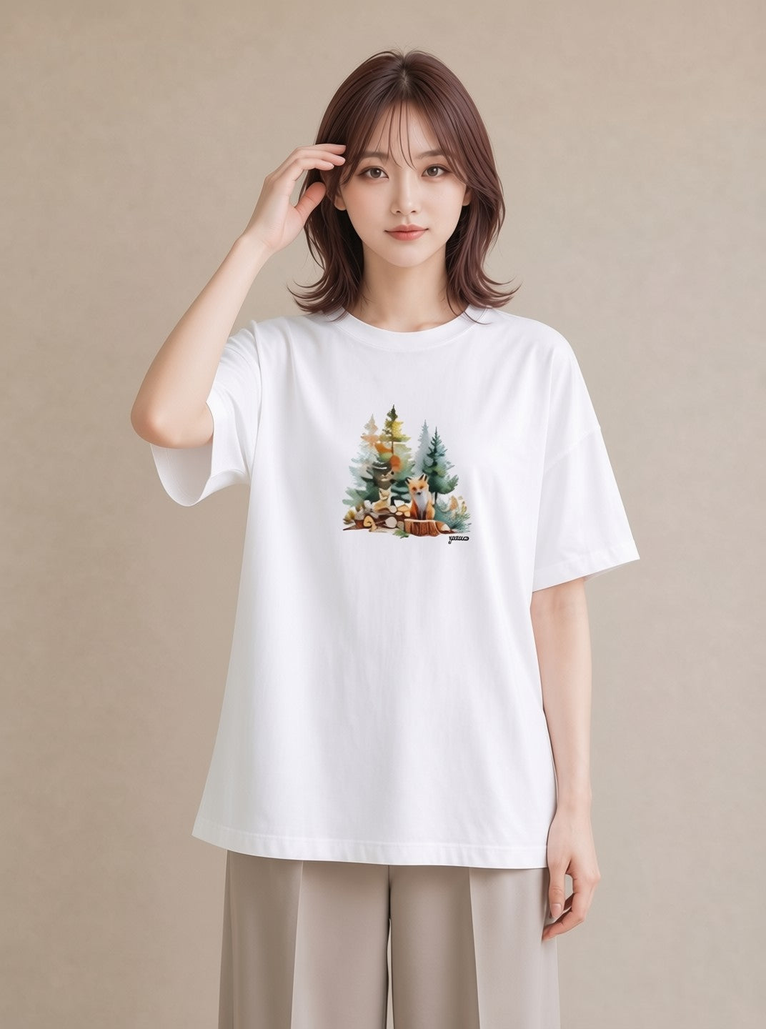 プリントTシャツ レディース 森 植物 ボタニカル イラスト ガーリー 買い物 夏コーデ 白T YMAZO