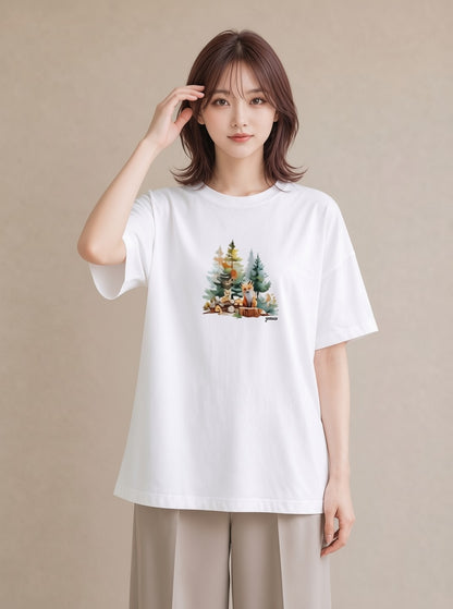 プリントTシャツ レディース 森 植物 ボタニカル イラスト ガーリー 買い物 夏コーデ 白T YMAZO