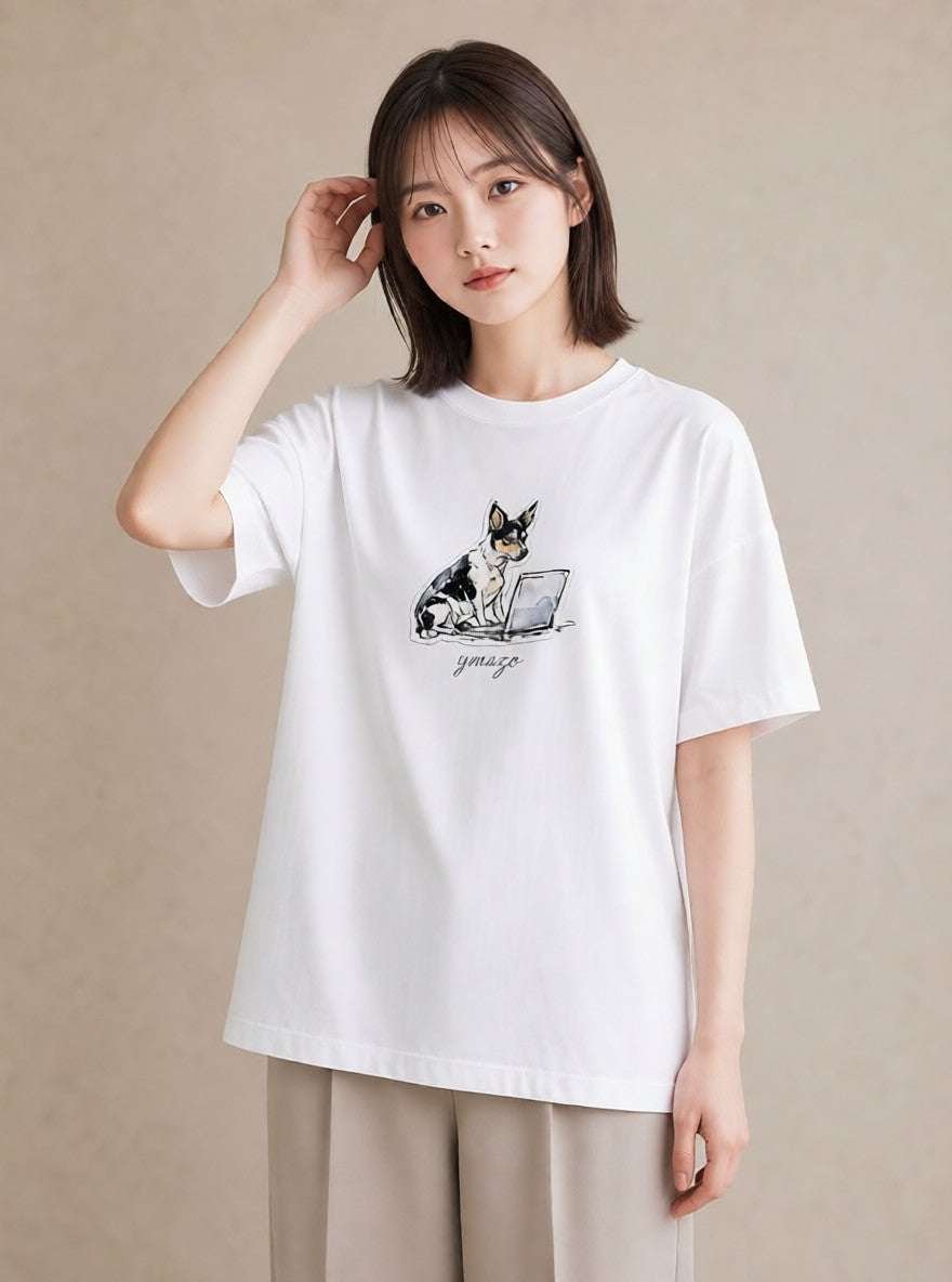 デザインTシャツ レディース 犬 いぬ イラスト シック 送別ギフト 通勤 白T YMAZO