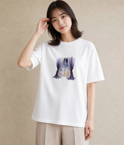 プリントTシャツ レディース 窓辺の雨 雨の日 窓 ナチュラル アンティーク イラスト カジュアル おしゃれギフト 社会人 白T YMAZO