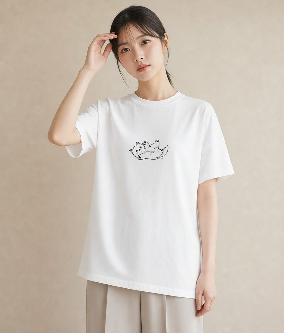 プリントTシャツ レディース 猫 ねこ ネコ イラスト ゆるコーデ 普段着 週末コーデ 白T YMAZO