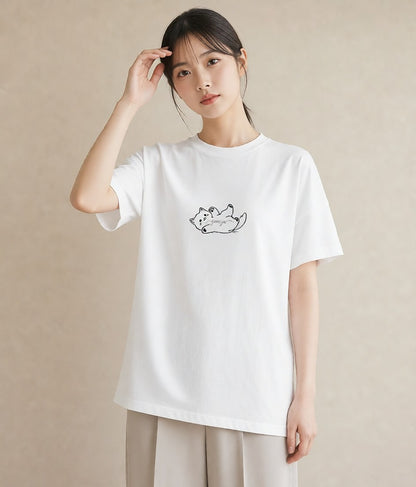 プリントTシャツ レディース 猫 ねこ ネコ イラスト ゆるコーデ 普段着 週末コーデ 白T YMAZO