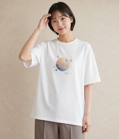 プリントTシャツ レディース 満月 星空 宇宙 イラスト きれいめカジュアル クリスマス 旅行 白T YMAZO