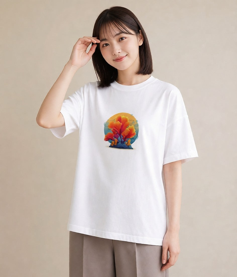 半袖Tシャツ レディース サンゴ 海の生き物 海 イラスト こなれ感 20代 カジュアルコーデ 白T YMAZO