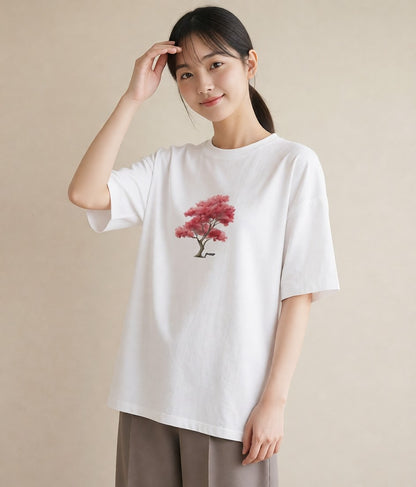 半袖Tシャツ レディース 盆栽 植物 ボタニカル イラスト ヴィンテージ風 カフェ巡り 女子会 白T YMAZO