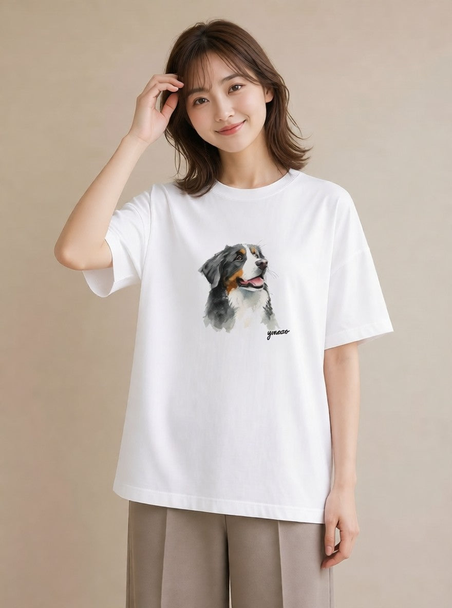 半袖Tシャツ レディース バーニーズマウンテンドッグ 犬 いぬ イラスト ユニーク 買い物 夏コーデ 白T YMAZO