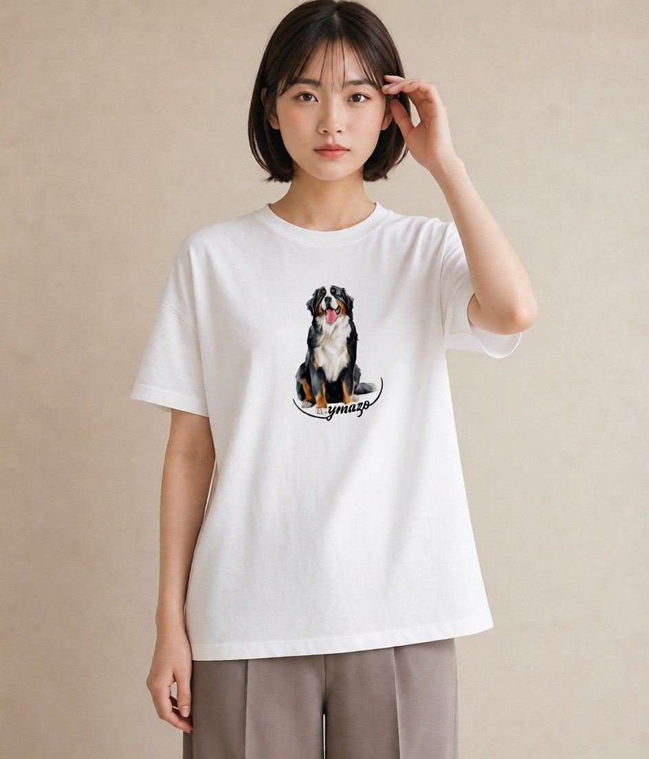 半袖Tシャツ レディース バーニーズマウンテンドッグ 犬 いぬ イラスト 線画 女性 旅行用 白T YMAZO