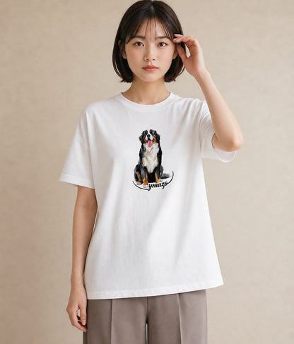 半袖Tシャツ レディース バーニーズマウンテンドッグ 犬 いぬ イラスト 線画 女性 旅行用 白T YMAZO