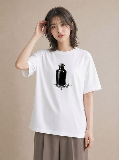 Tシャツ レディース ガラス瓶 小枝 ボタニカル ナチュラル アンティーク イラスト 韓国風 ビーチ デイリーウェア 白T YMAZO