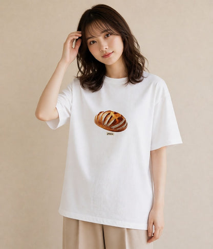 プリントTシャツ レディース パン 食べ物 フード イラスト 線画 通勤 在宅 白T YMAZO