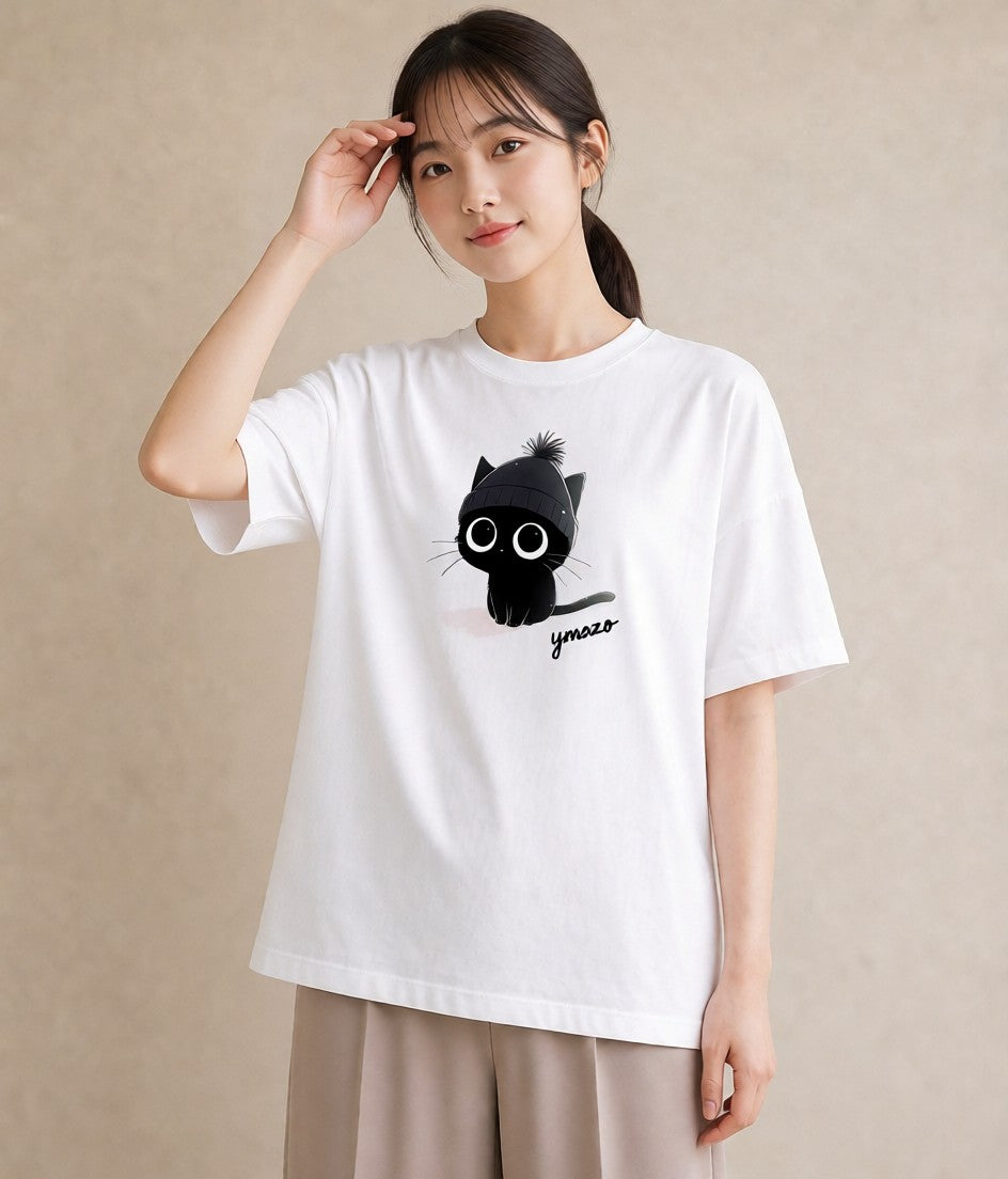 プリントTシャツ レディース 黒猫 猫 ねこ イラスト アート風 通勤 在宅 白T YMAZO
