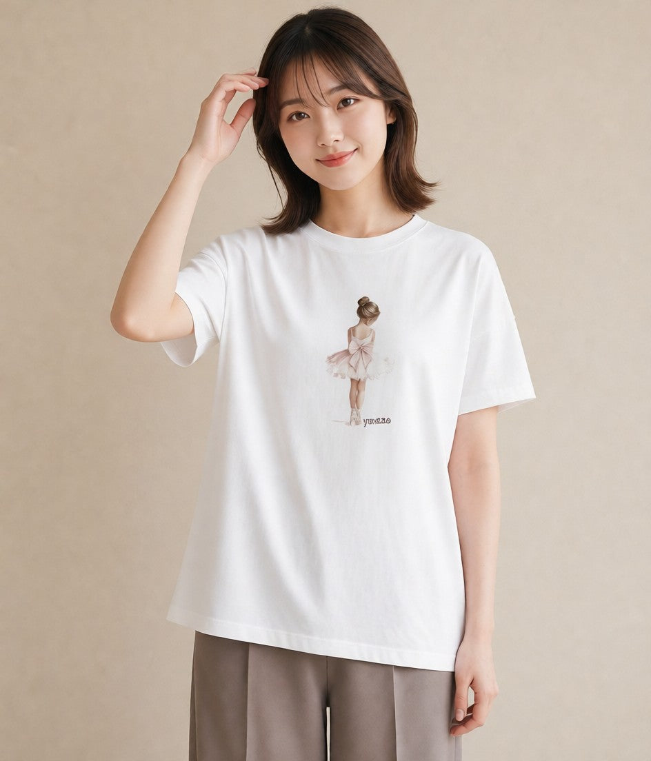 デザインTシャツ レディース バレエシューズ バレエ トウシューズ ナチュラル アンティーク イラスト 休日コーデ 自分用 ルームウェア 白T YMAZO