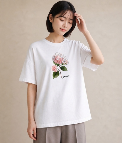 Tシャツ レディース あじさい 紫陽花 アジサイ 花 花柄 イラスト ナチュラル 部屋着 女性向けギフト 白T YMAZO