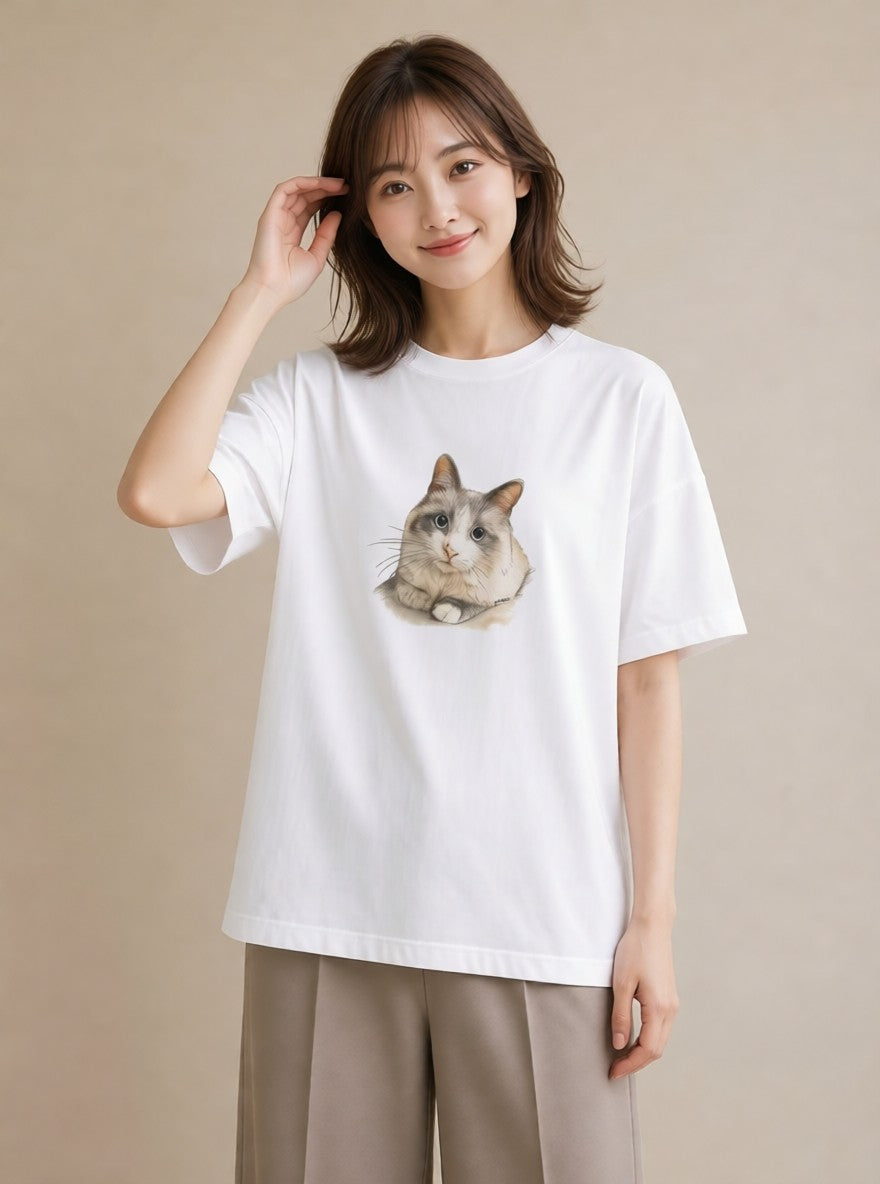 グラフィックTシャツ レディース 靴下猫 猫 ねこ イラスト カフェコーデ 在宅 公園 白T YMAZO