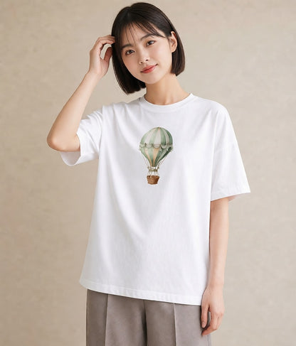 プリントTシャツ レディース 気球 星空 宇宙 イラスト きれいめカジュアル 自分用 ルームウェア 白T YMAZO