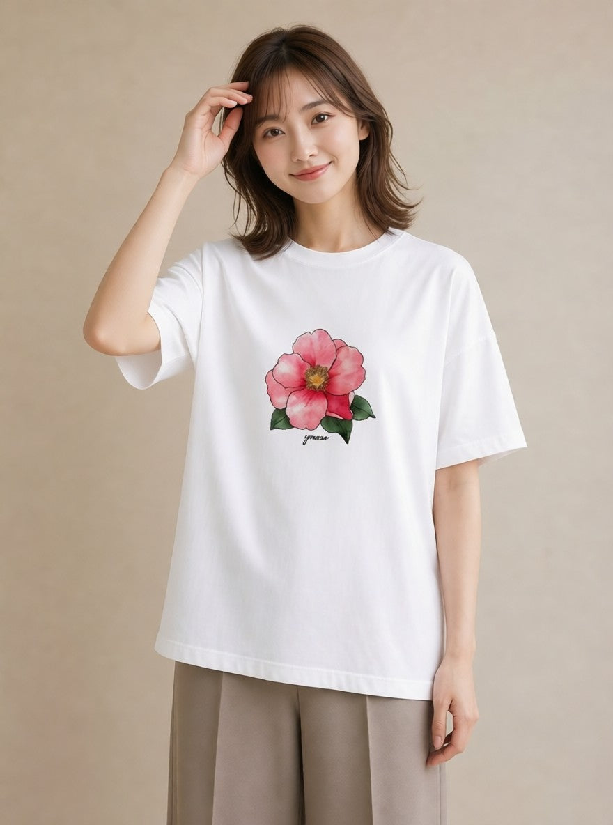 Tシャツ レディース 牡丹 花 花柄 イラスト ミニマル 買い物 夏コーデ 白T YMAZO