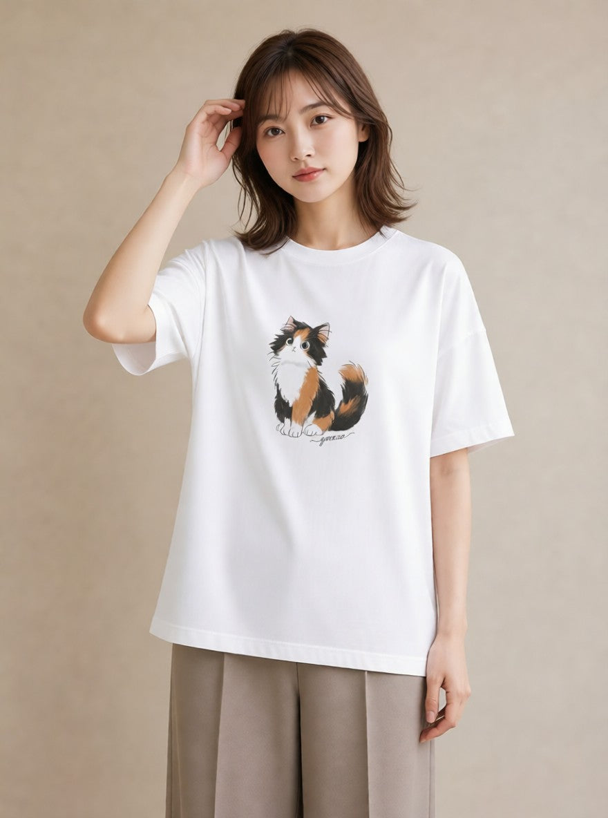 半袖Tシャツ レディース マンチカン 猫 ねこ イラスト 北欧風 敬老の日 ホワイトデー 白T YMAZO