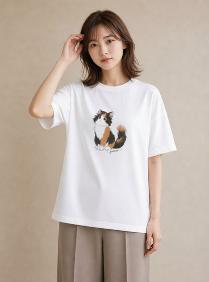 半袖Tシャツ レディース マンチカン 猫 ねこ イラスト 北欧風 敬老の日 ホワイトデー 白T YMAZO