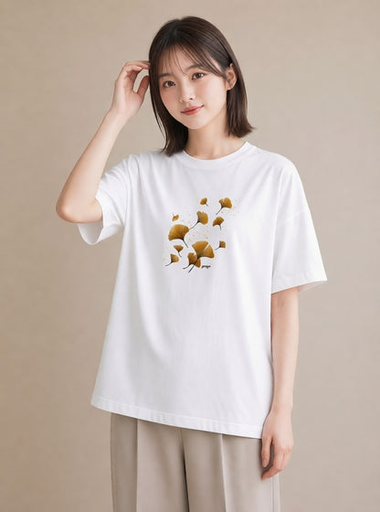 グラフィックTシャツ レディース 落ち葉 植物 ボタニカル イラスト ナチュラル 母の日 ビーチ 白T YMAZO