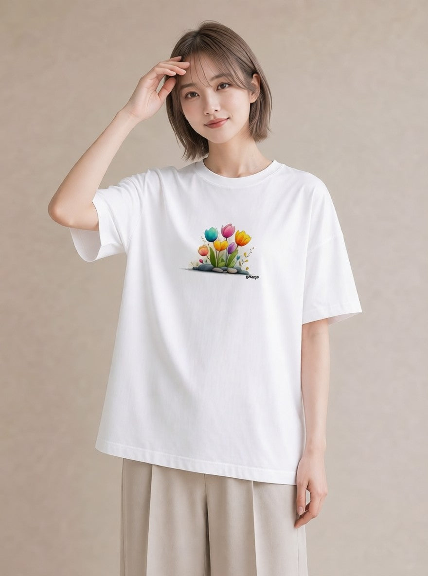 デザインTシャツ レディース チューリップ 花 花柄 イラスト ガーリー お出かけ 普段着 白T YMAZO