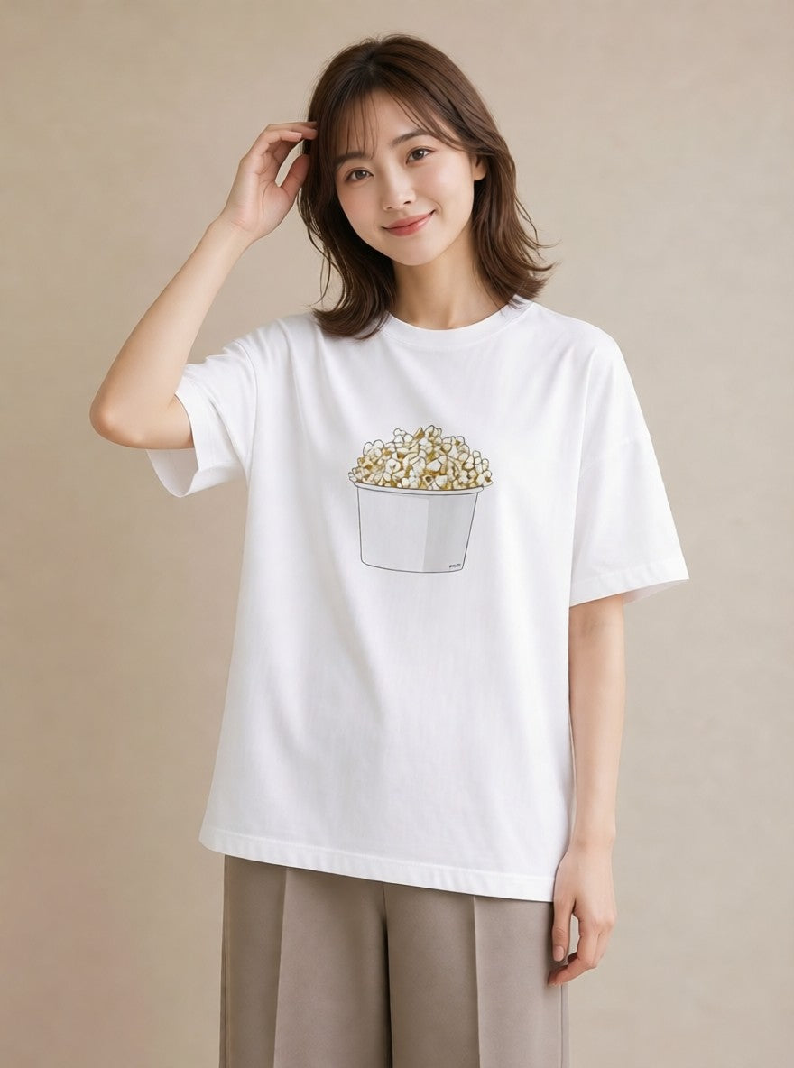 グラフィックTシャツ レディース ポップコーン 食べ物 フード イラスト フェミニン 送別ギフト 通勤 白T YMAZO