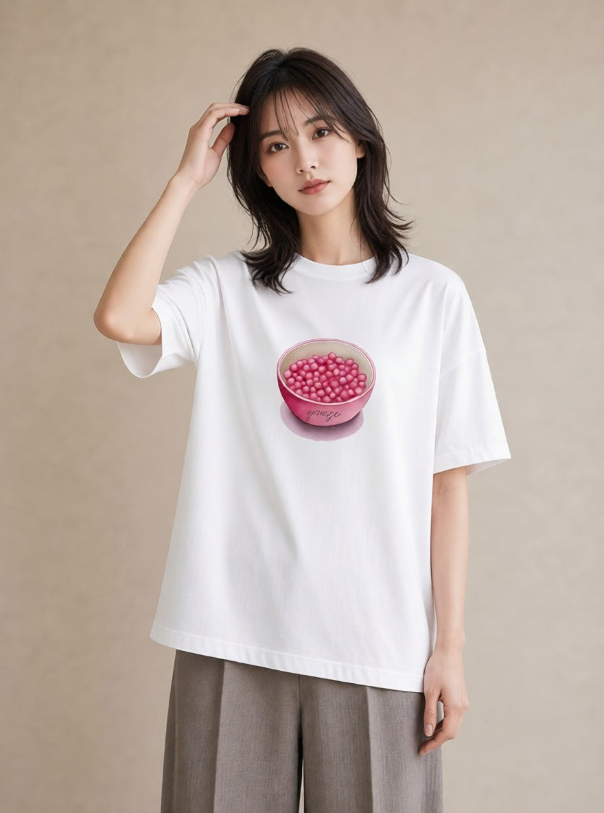 デザインTシャツ レディース パールピアス アクセサリー ナチュラル アンティーク イラスト 水彩風 デイリーウェア 休日 白T YMAZO