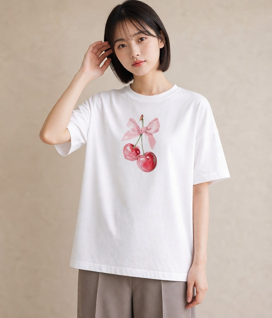 デザインTシャツ レディース さくらんぼ チェリー 食べ物 フード イラスト 20代 カジュアルコーデ 白T YMAZO