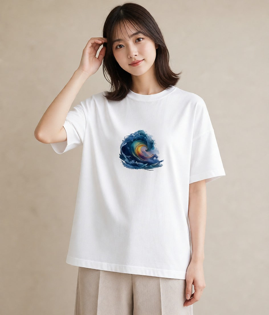 Tシャツ レディース 波 星空 宇宙 イラスト ミニマル 女性 旅行用 白T YMAZO
