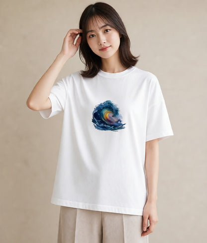 Tシャツ レディース 波 星空 宇宙 イラスト ミニマル 女性 旅行用 白T YMAZO