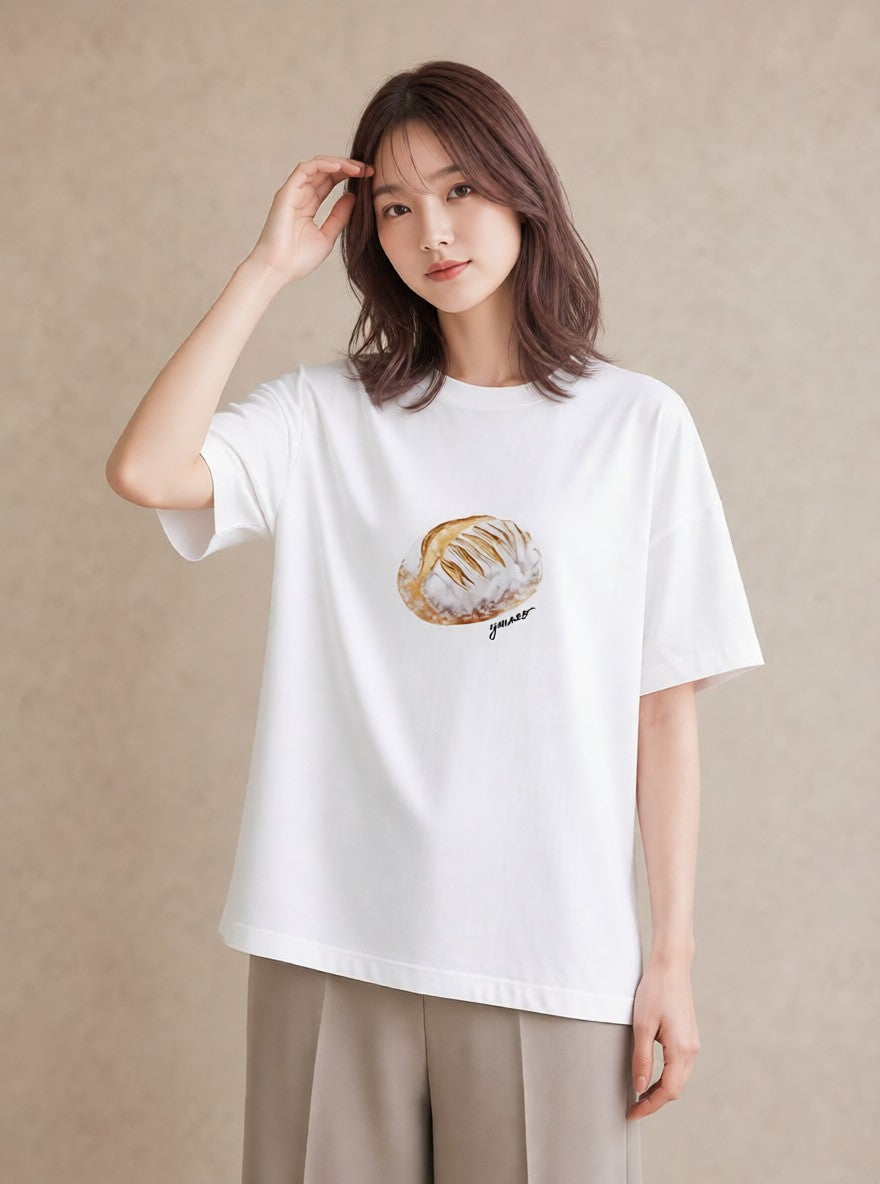 Tシャツ レディース ベーグル 食べ物 フード イラスト 線画 普段着 週末コーデ 白T YMAZO