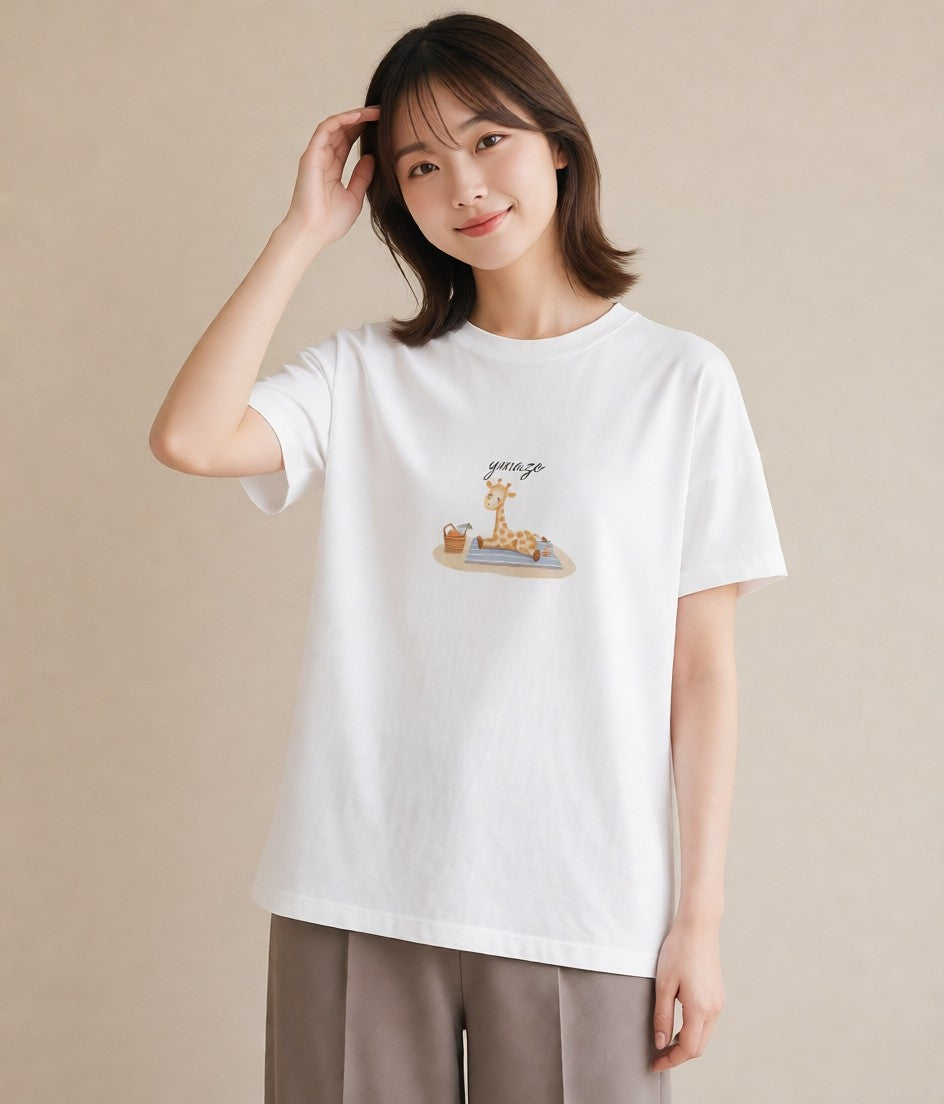 プリントTシャツ レディース きりん 動物 アニマル イラスト 友達ギフト 部屋着 白T YMAZO