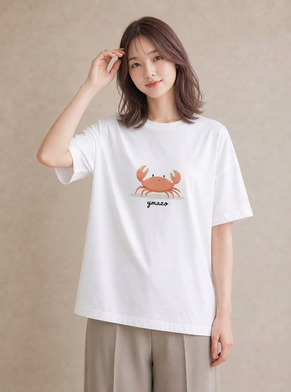 デザインTシャツ レディース カニ 海の生き物 海 イラスト ニュアンス ママ カフェ服 白T YMAZO