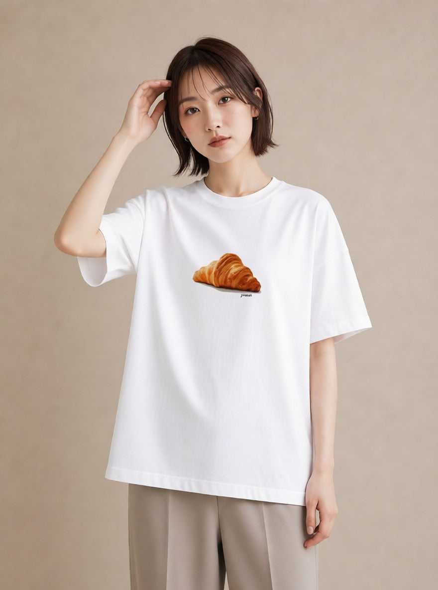 半袖Tシャツ レディース パン ベーカリー レトロ イラスト ミニマル デイリーウェア 休日 白T YMAZO