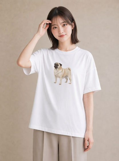 グラフィックTシャツ レディース パグ 犬 いぬ イラスト 旅行コーデ 春服 ミセス 白T YMAZO